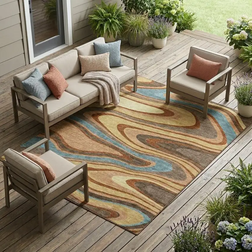 Gold And Copper Abstract Washable Indoor Outdoor Area Rug Photo 1
