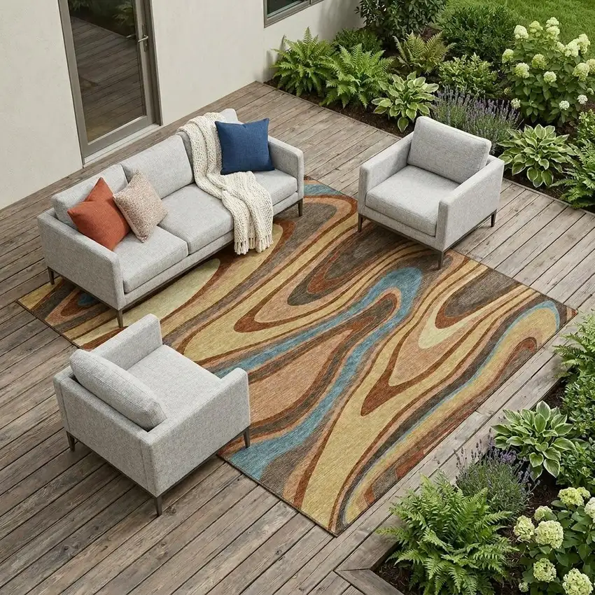 Gold And Copper Abstract Washable Indoor Outdoor Area Rug Photo 1