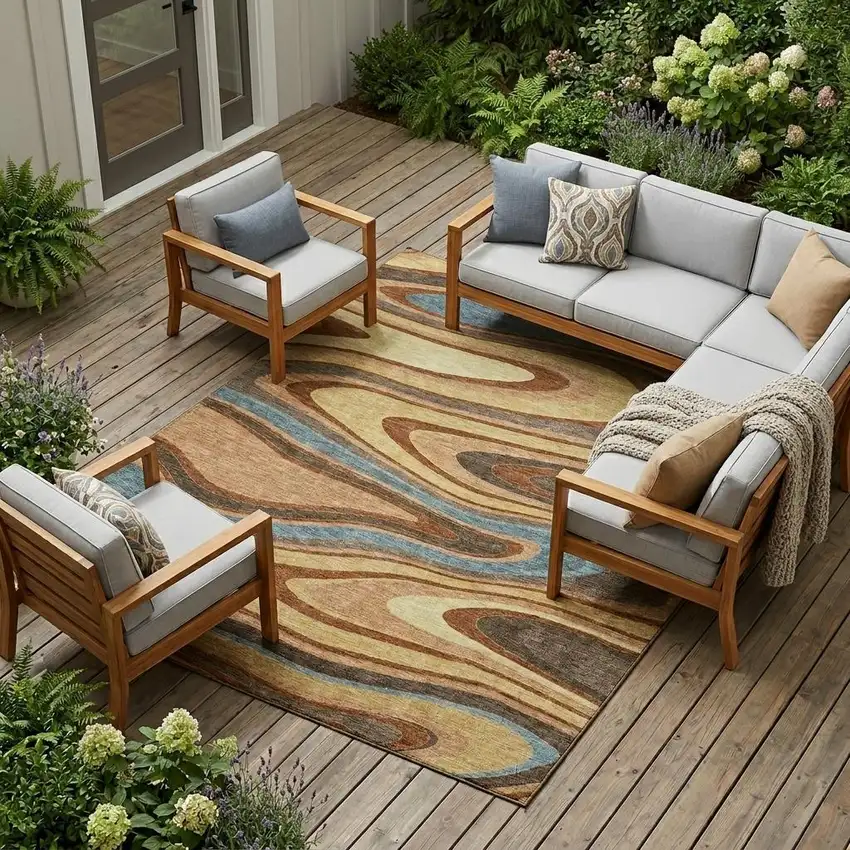 Gold And Copper Abstract Washable Indoor Outdoor Area Rug Photo 1