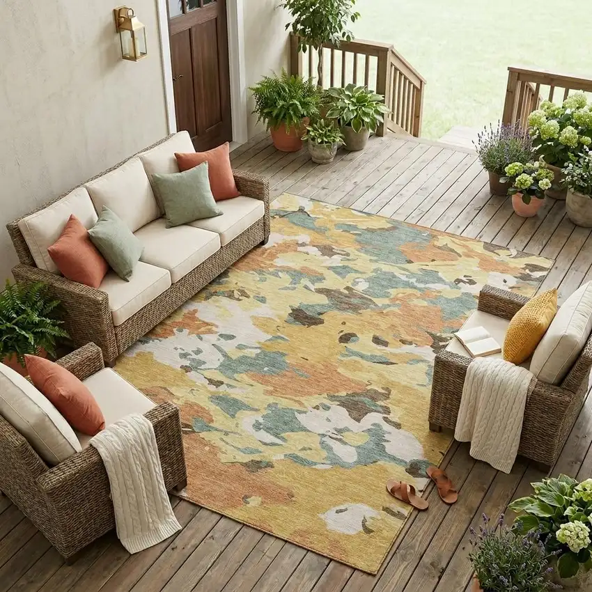 Gold And Copper Abstract Washable Indoor Outdoor Area Rug Photo 1