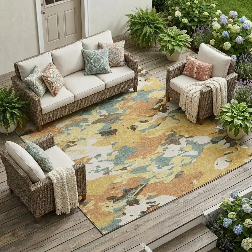 Gold And Copper Abstract Washable Indoor Outdoor Area Rug Photo 1