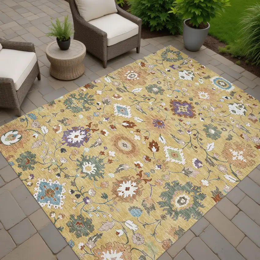 Gold And Copper Floral Medallion Washable Indoor Outdoor Area Rug Photo 7