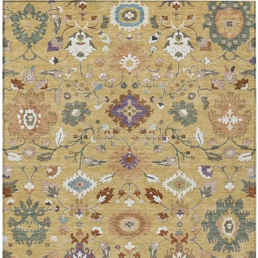 Gold And Copper Floral Medallion Washable Indoor Outdoor Area Rug Photo 2
