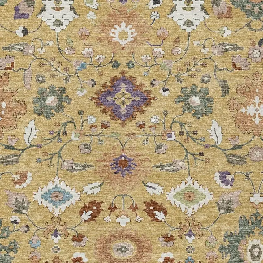 Gold And Copper Floral Medallion Washable Indoor Outdoor Area Rug Photo 3