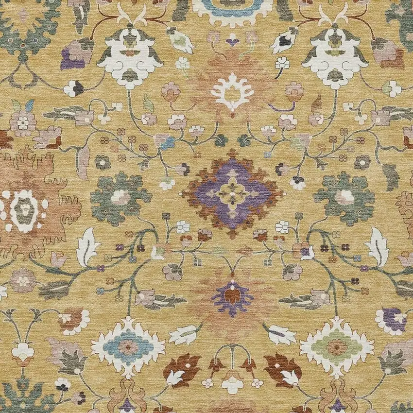 Gold And Copper Floral Medallion Washable Indoor Outdoor Area Rug Photo 2
