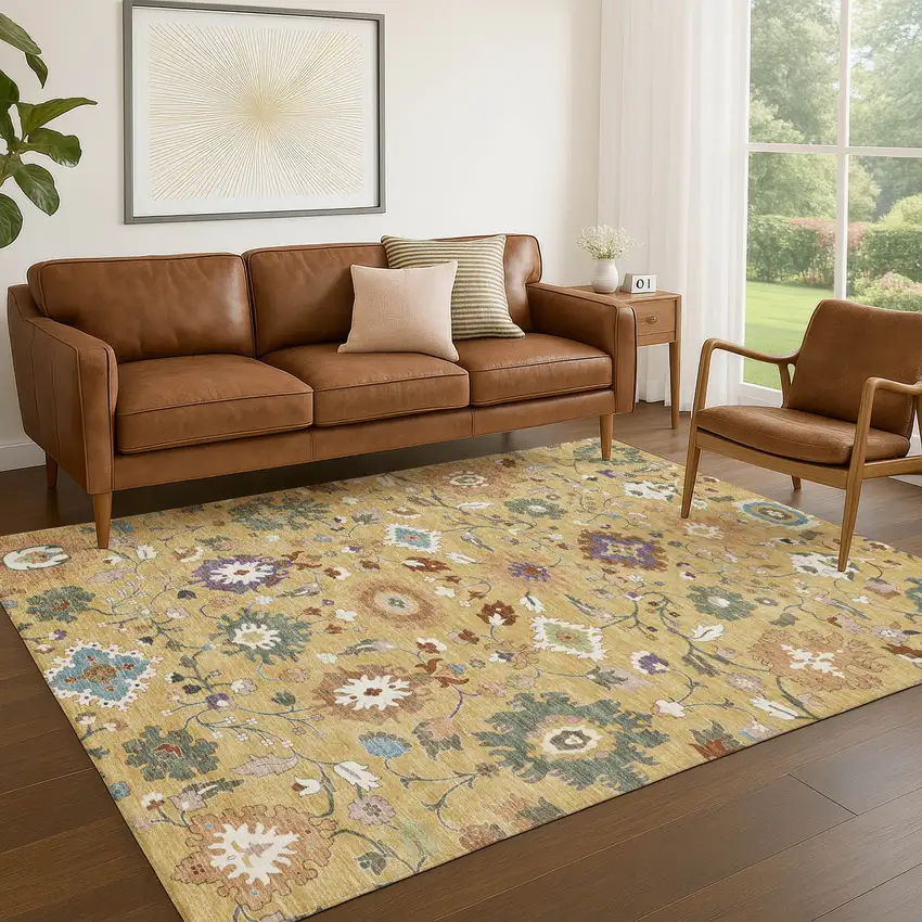 Gold And Copper Floral Medallion Washable Indoor Outdoor Area Rug Photo 5