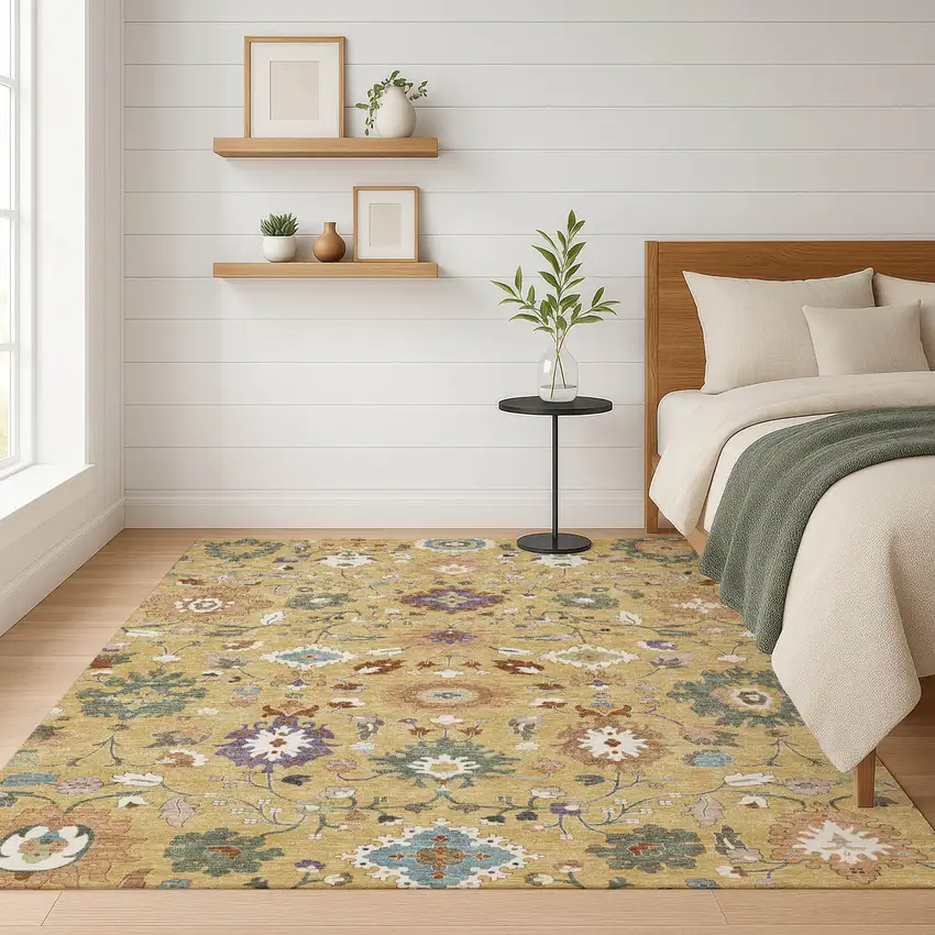 Gold And Copper Floral Medallion Washable Indoor Outdoor Area Rug Photo 6