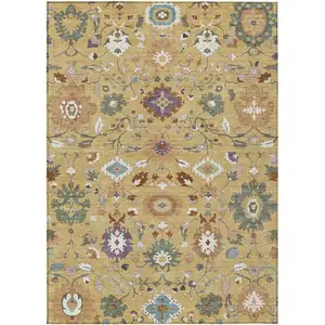 Photo of Gold And Copper Floral Medallion Washable Indoor Outdoor Area Rug