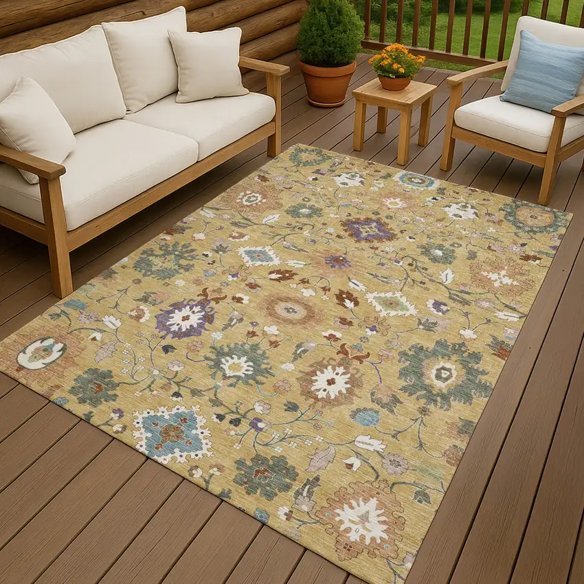 Gold And Copper Floral Medallion Washable Indoor Outdoor Area Rug Photo 4