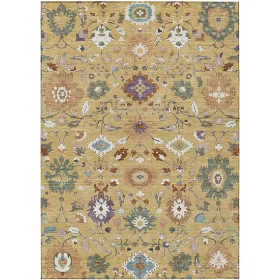 Gold And Copper Floral Medallion Washable Indoor Outdoor Area Rug Photo 1