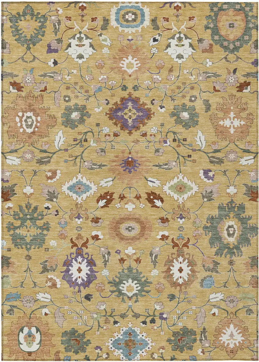 Gold And Copper Floral Medallion Washable Indoor Outdoor Area Rug Photo 1