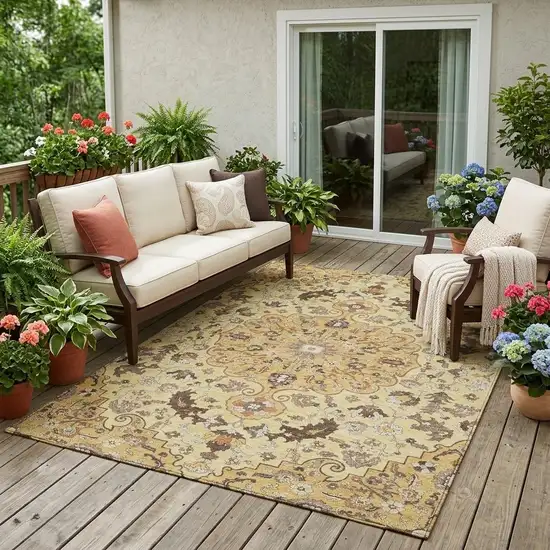 Gold And Copper Floral Medallion Washable Indoor Outdoor Area Rug Photo 1