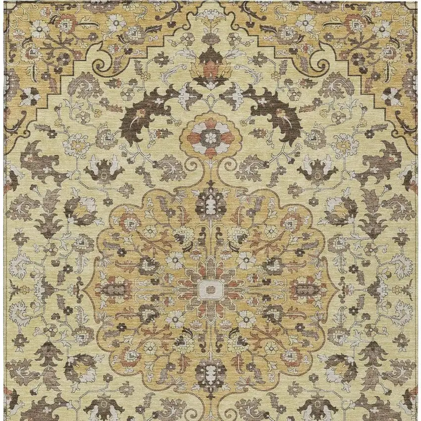 Gold And Copper Floral Medallion Washable Indoor Outdoor Area Rug Photo 4