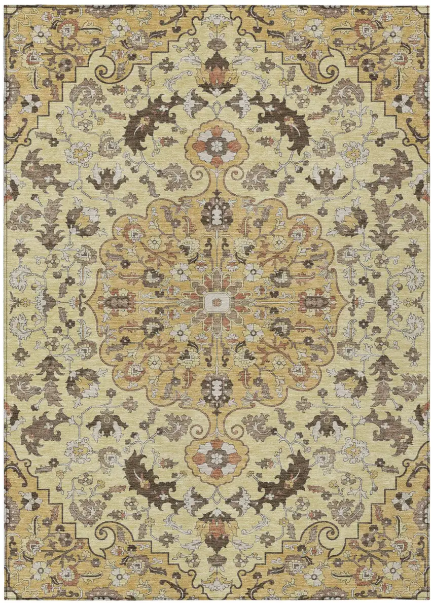 Gold And Copper Floral Medallion Washable Indoor Outdoor Area Rug Photo 2