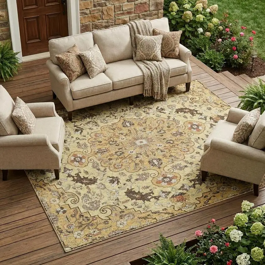 Gold And Copper Floral Medallion Washable Indoor Outdoor Area Rug Photo 1