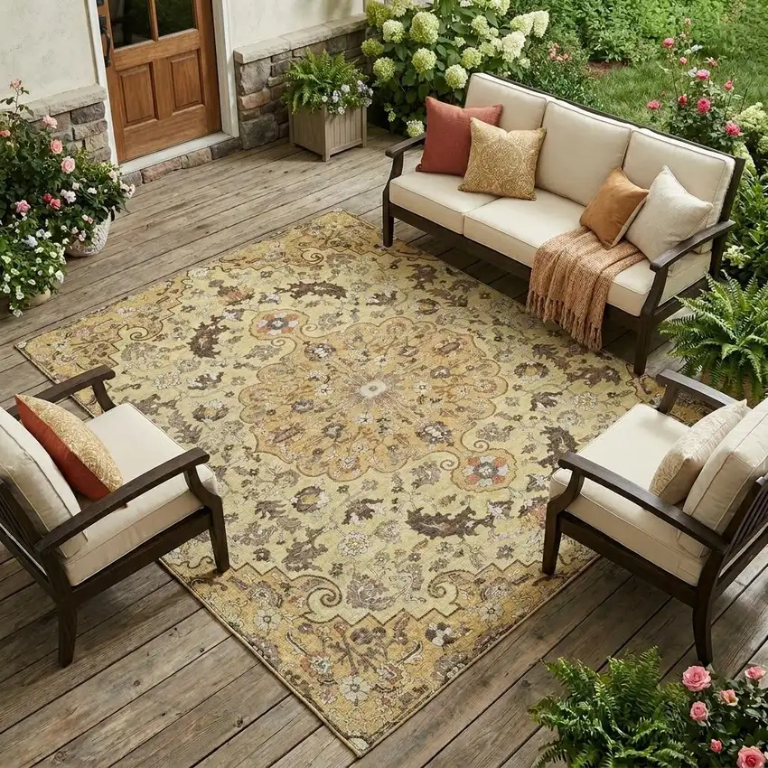 Gold And Copper Floral Medallion Washable Indoor Outdoor Area Rug Photo 1