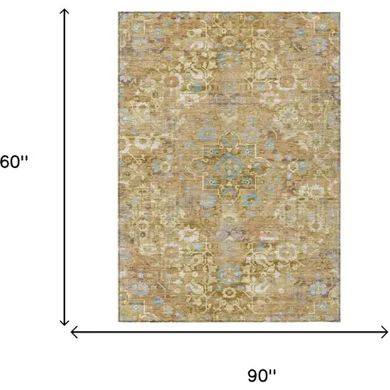 Gold And Copper Floral Medallion Washable Indoor Outdoor Area Rug Photo 5