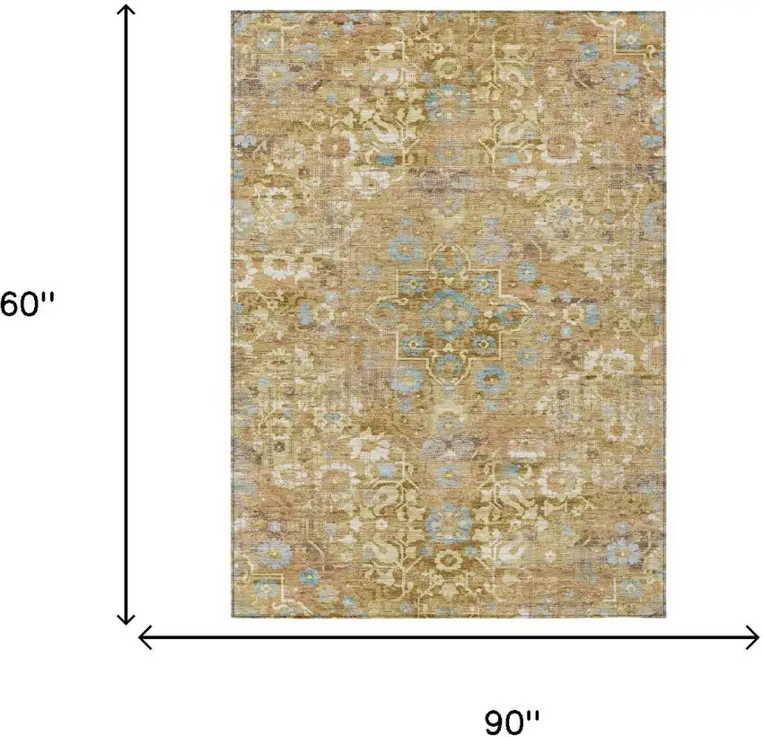 Gold And Copper Floral Medallion Washable Indoor Outdoor Area Rug Photo 5