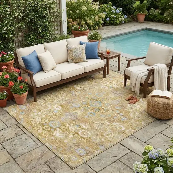 Gold And Copper Floral Medallion Washable Indoor Outdoor Area Rug Photo 1