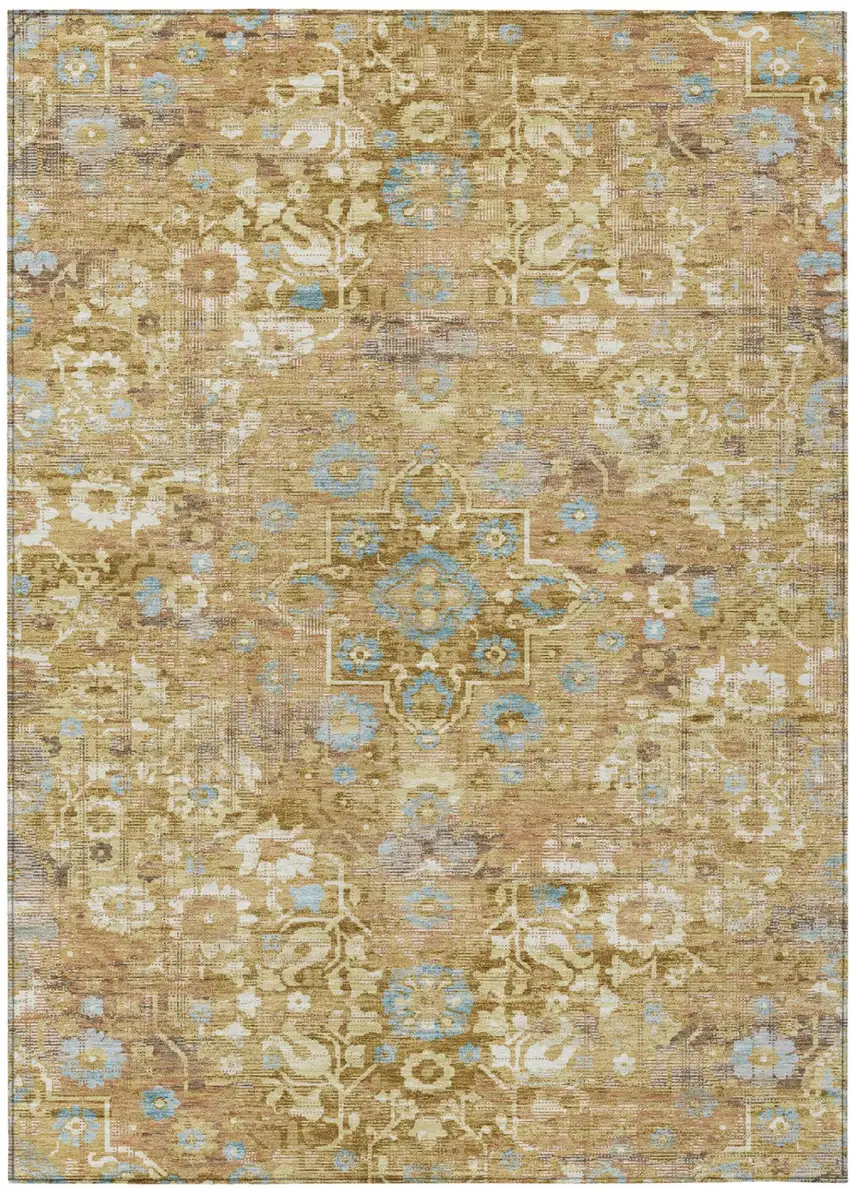 Gold And Copper Floral Medallion Washable Indoor Outdoor Area Rug Photo 2