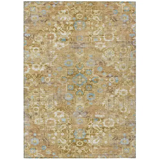 Gold And Copper Floral Medallion Washable Indoor Outdoor Area Rug Photo 2