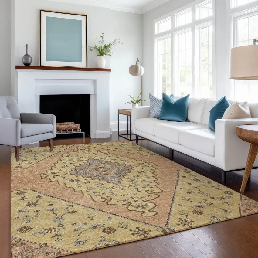 Gold And Copper Geometric Washable Indoor Outdoor Area Rug Photo 6