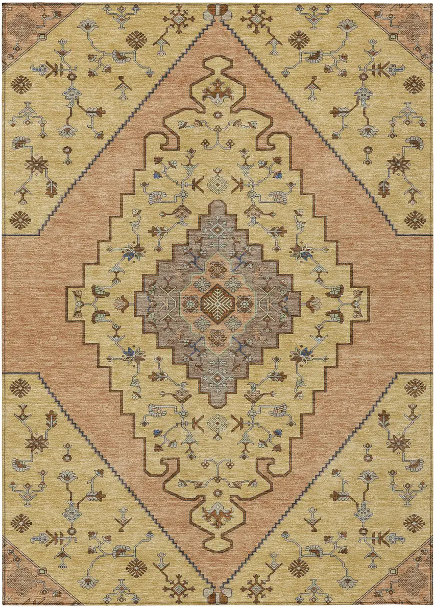 Gold And Copper Geometric Washable Indoor Outdoor Area Rug Photo 1
