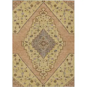 Photo of Gold And Copper Geometric Washable Indoor Outdoor Area Rug