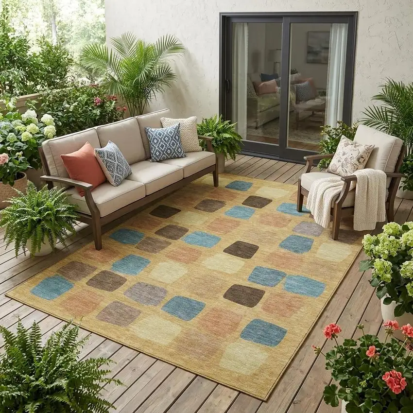 Gold And Copper Geometric Washable Indoor Outdoor Area Rug Photo 1