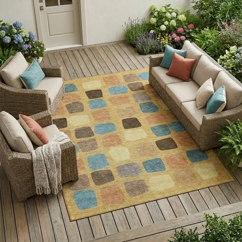 Gold And Copper Geometric Washable Indoor Outdoor Area Rug Photo 1