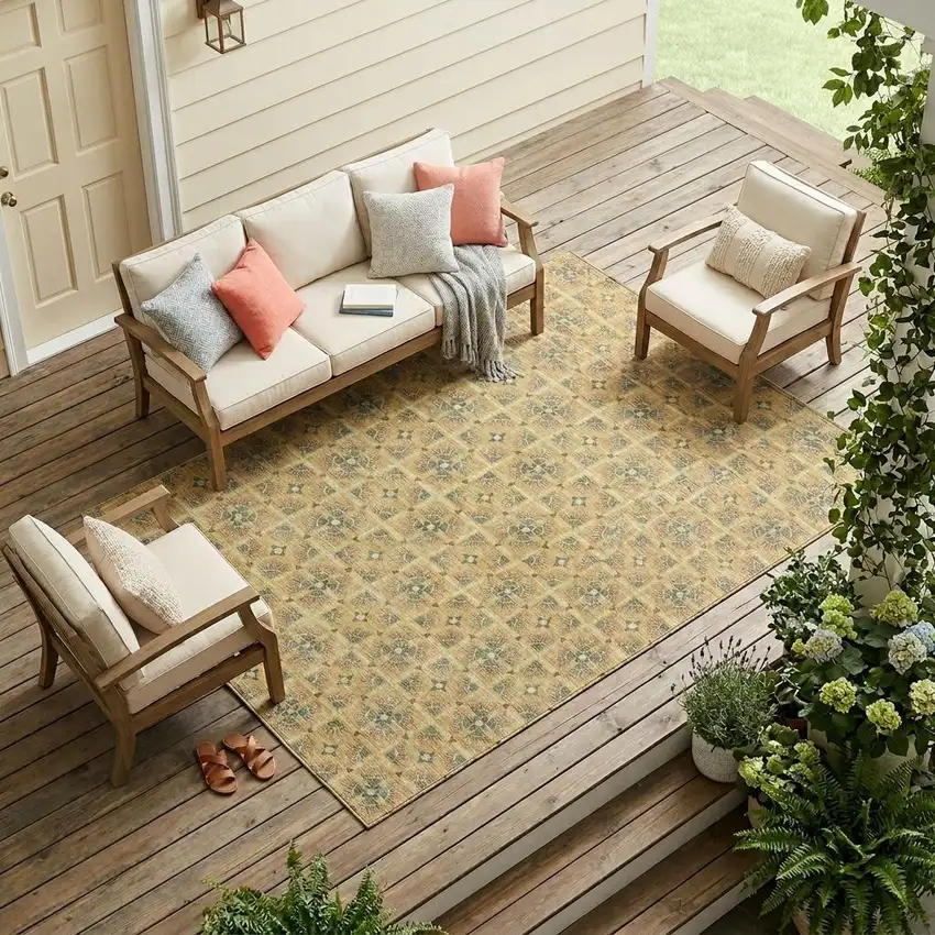 Gold And Copper Geometric Washable Indoor Outdoor Area Rug Photo 1