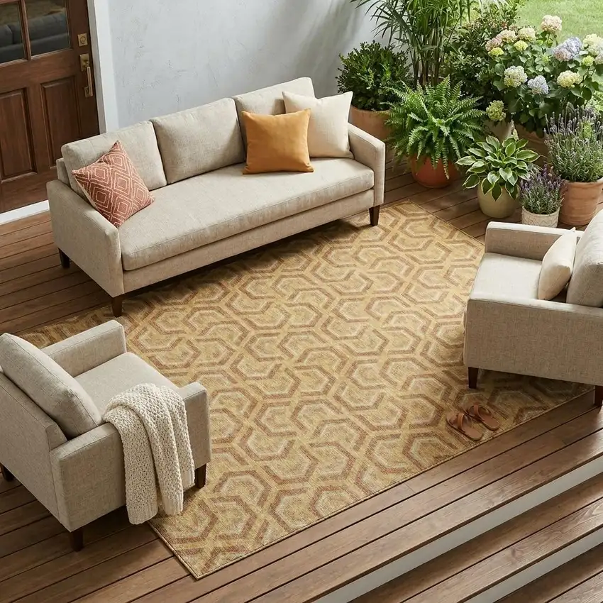 Gold And Copper Geometric Washable Indoor Outdoor Area Rug Photo 1
