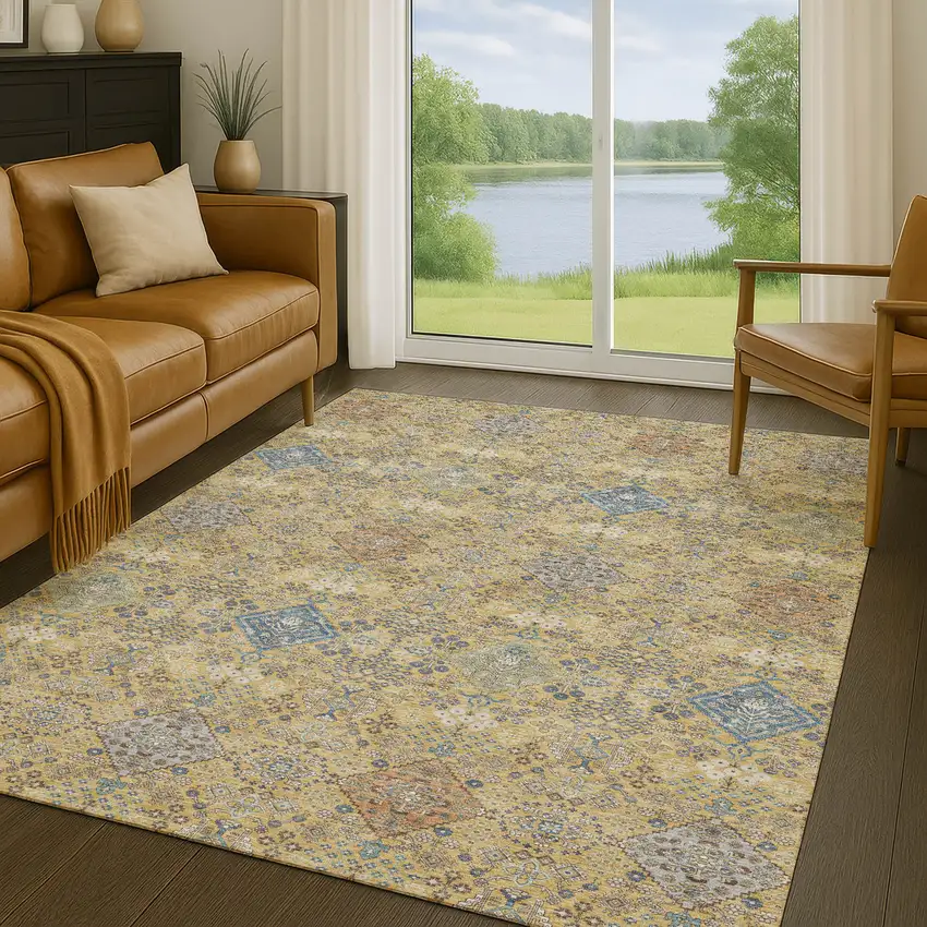 Gold And Copper Oriental Washable Indoor Outdoor Area Rug Photo 5