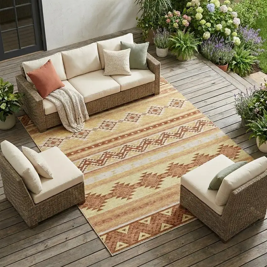 Gold And Copper Southwestern Washable Indoor Outdoor Area Rug Photo 1