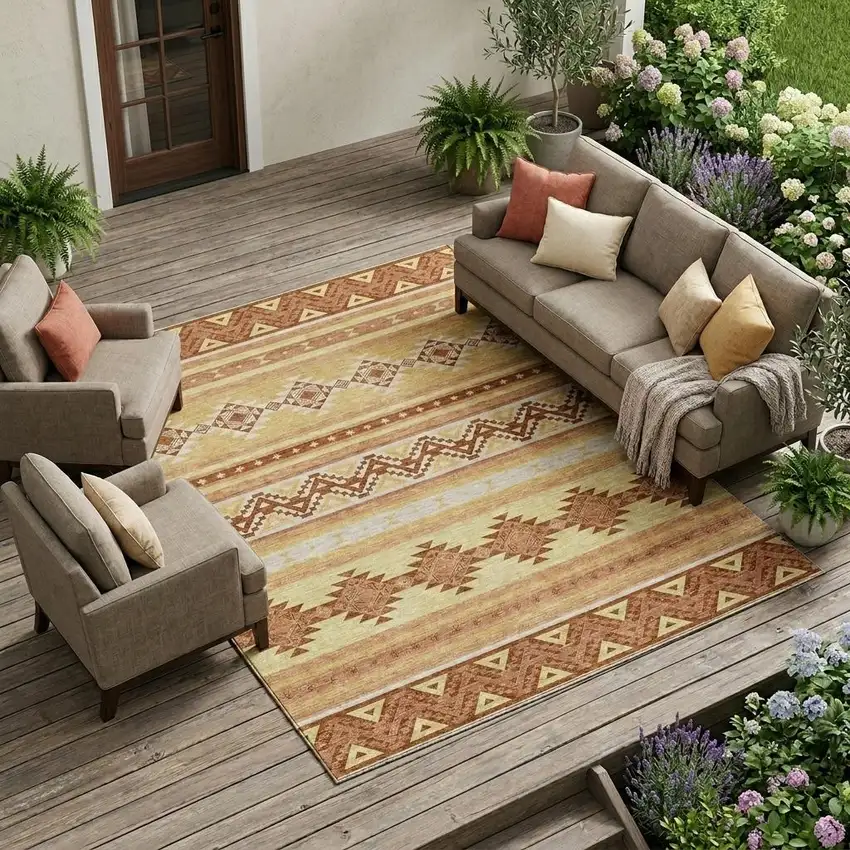 Gold And Copper Southwestern Washable Indoor Outdoor Area Rug Photo 1
