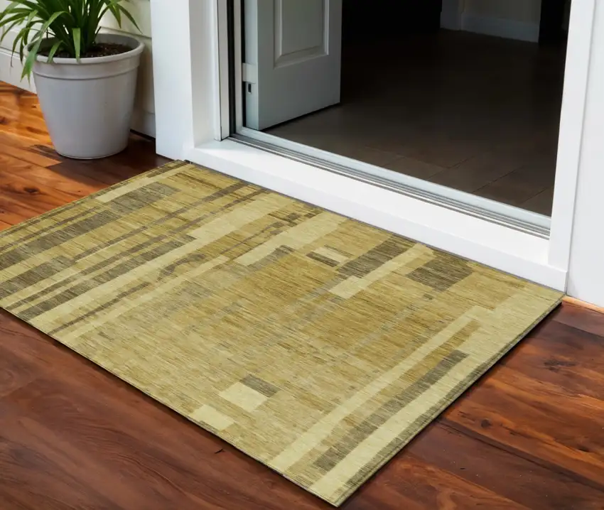 Gold And Dark Brown Striped Washable Indoor Outdoor Area Rug Photo 1