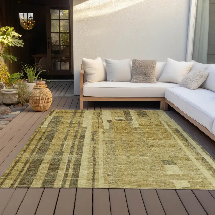 Gold And Dark Brown Striped Washable Indoor Outdoor Area Rug Photo 9