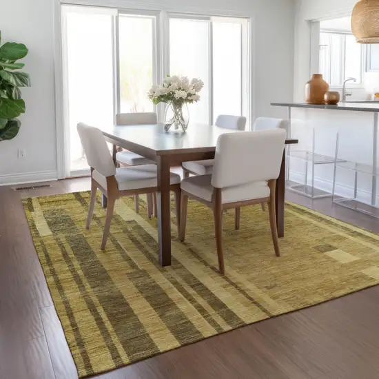 Gold And Dark Brown Striped Washable Indoor Outdoor Area Rug Photo 9
