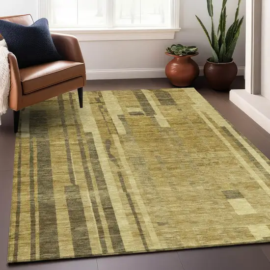 Gold And Dark Brown Striped Washable Indoor Outdoor Area Rug Photo 8