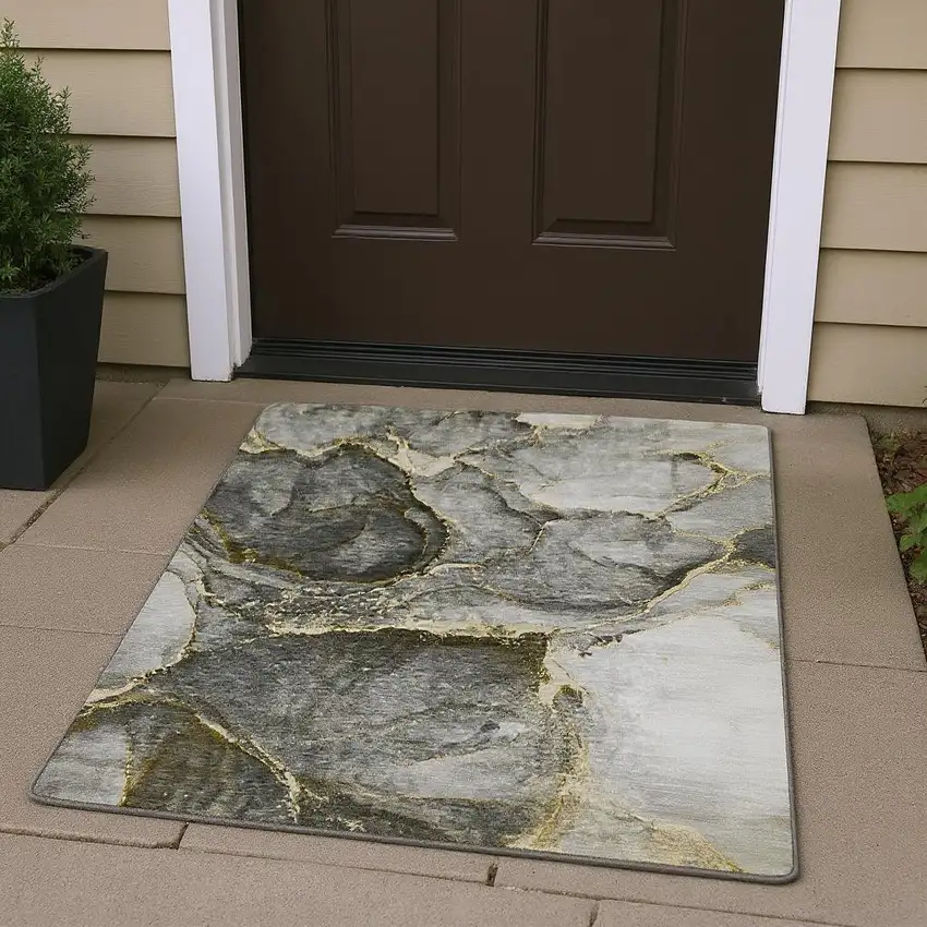 Gold And Gray Abstract Washable Area Rug With UV Protection Photo 2