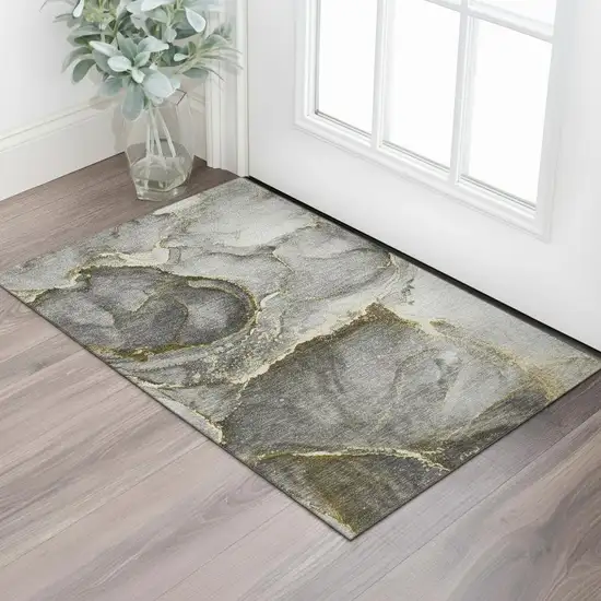 Gold And Gray Abstract Washable Area Rug With UV Protection Photo 1