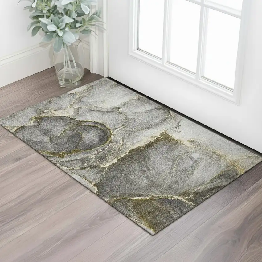 Gold And Gray Abstract Washable Area Rug With UV Protection Photo 1