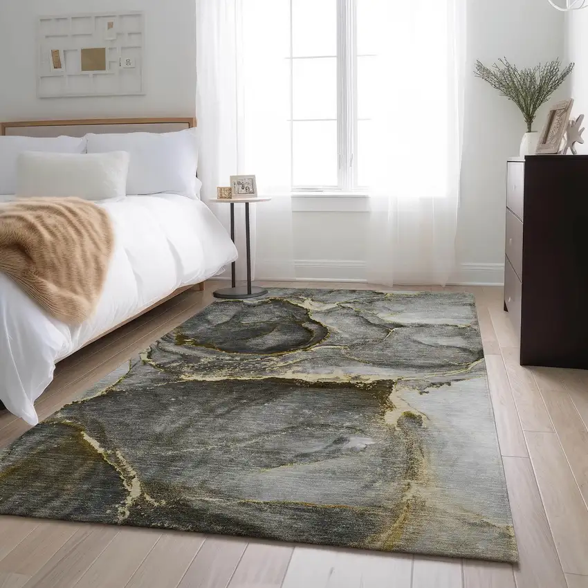 Gold And Gray Abstract Washable Area Rug With UV Protection Photo 5