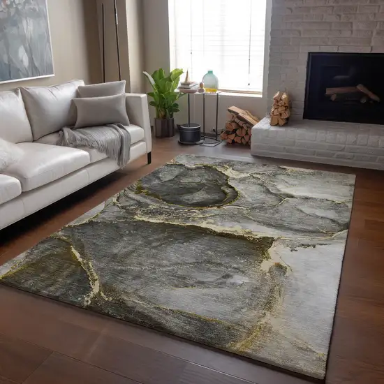Gold And Gray Abstract Washable Area Rug With UV Protection Photo 6