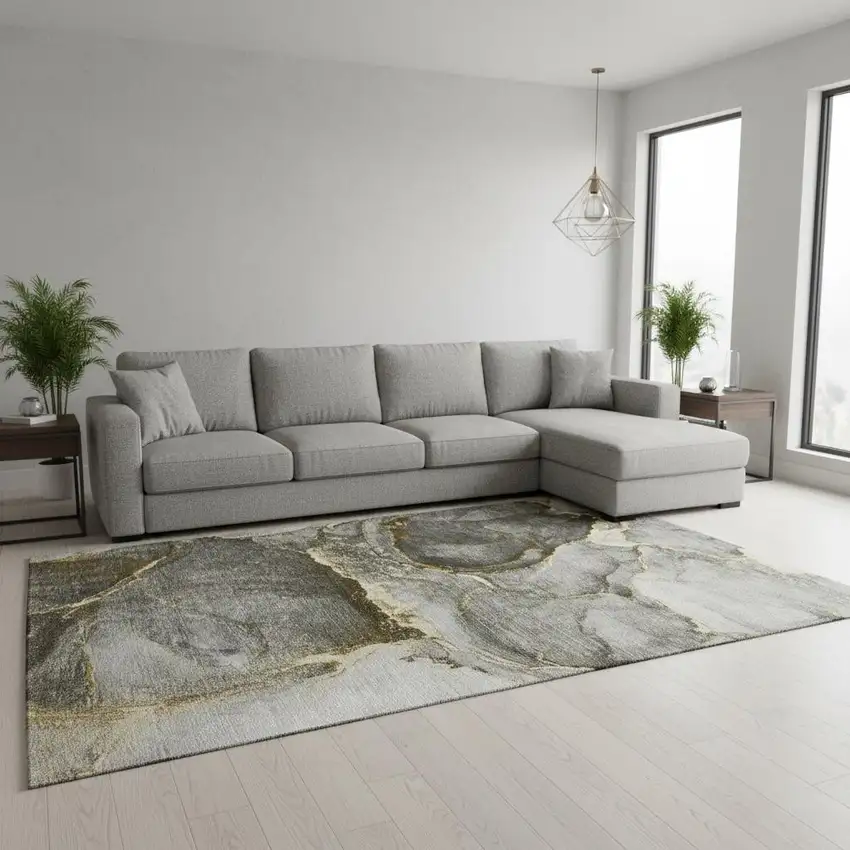 Gold And Gray Abstract Washable Area Rug With UV Protection Photo 1