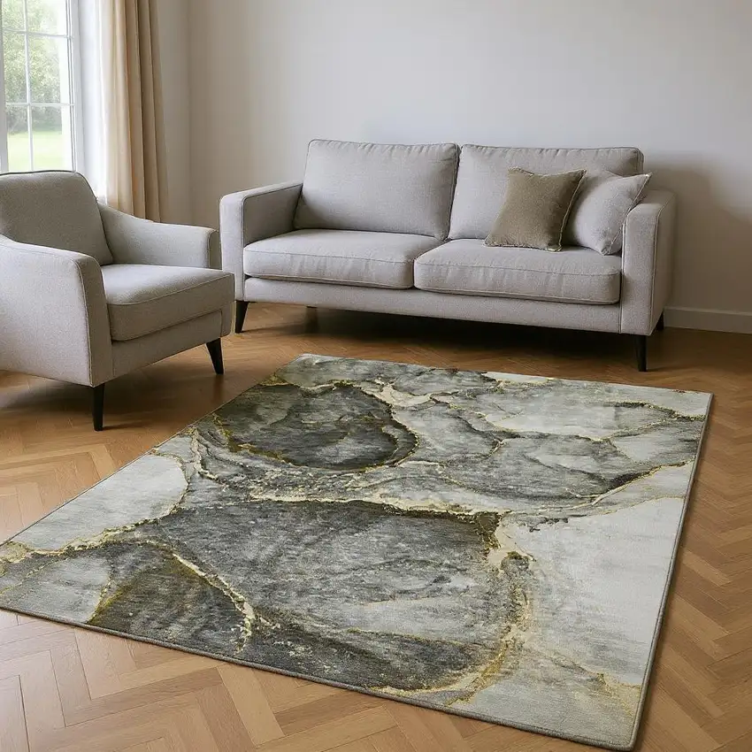 Gold And Gray Abstract Washable Area Rug With UV Protection Photo 2