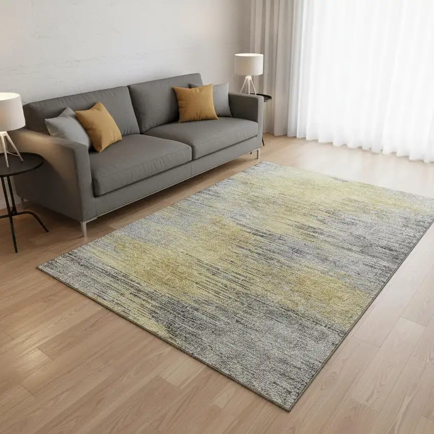 Gold And Gray Abstract Washable Area Rug With UV Protection Photo 2