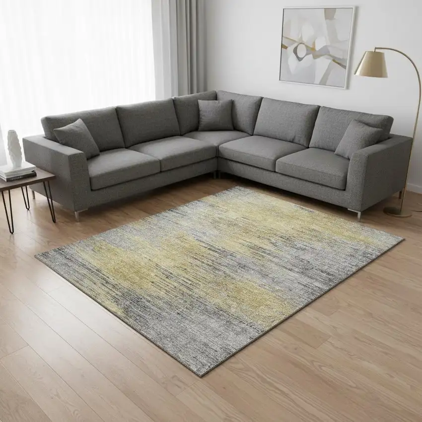 Gold And Gray Abstract Washable Area Rug With UV Protection Photo 2