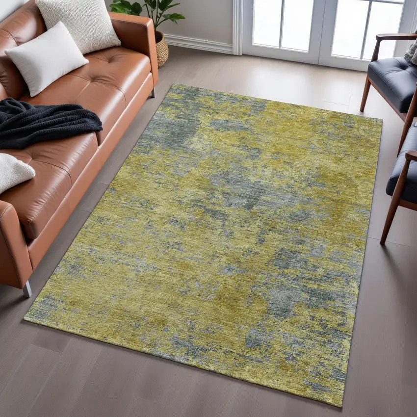Gold And Gray Abstract Washable Area Rug With UV Protection Photo 3