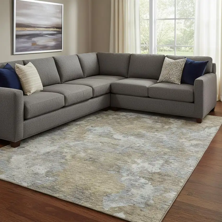 Gold And Gray Abstract Washable Area Rug With UV Protection Photo 2